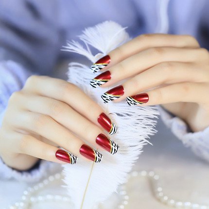 YUNAI 24-Piece Medium Length False Nails Set – Red Wine French Ellipse Leopard