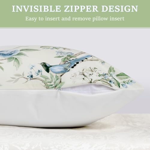 Blue Green Bird Floral Velvet Throw Pillow Covers - Set of 2, 18x18
