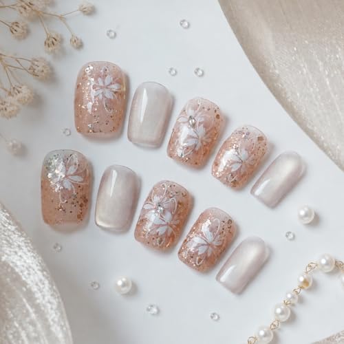 Warm Glossy Dream Press On Nails - Short Coffin Nude Glitter with White Flower Design