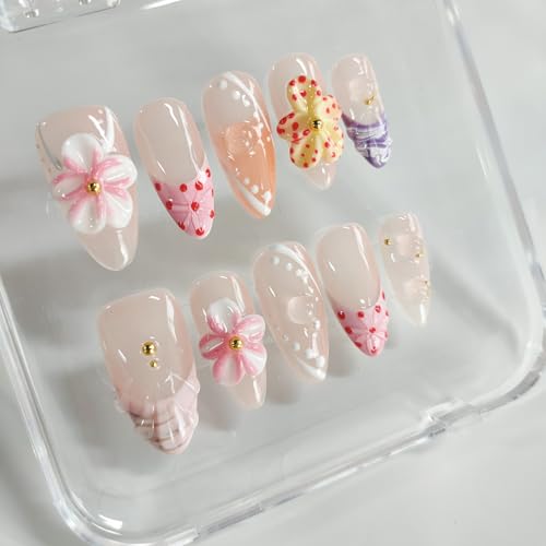 3D Floral Almond Press on Nails - Medium Length French Tip Style 3