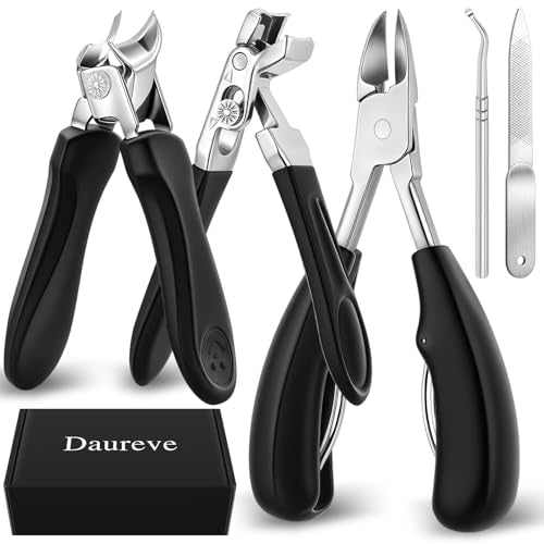 Daureve Heavy Duty Toenail Clippers Set for Thick Nails - Pedicure Kit with Nail File & Cleaner