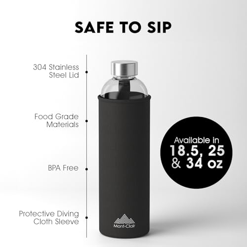 Mont-Clair 25 oz Borosilicate Glass Water Bottle with Neoprene Sleeve - Leak Proof, BPA Free, Ideal for Travel & Sports