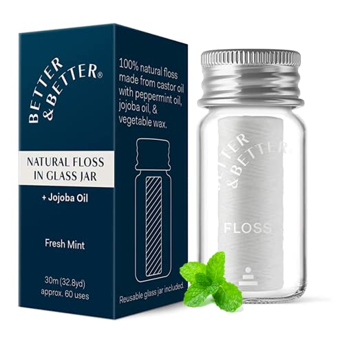 Better & Better Vegan Eco-Friendly Dental Floss in Refillable Glass Jar - 98.4 Feet, Waxed, Plastic-Free, Plant-Based, Zero Waste Oral Care