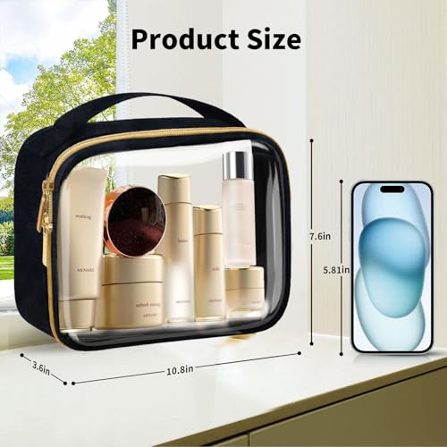 Travel Toiletry Bags 2 Pack Clear with Handles - 180° Opening, Large Set, Black