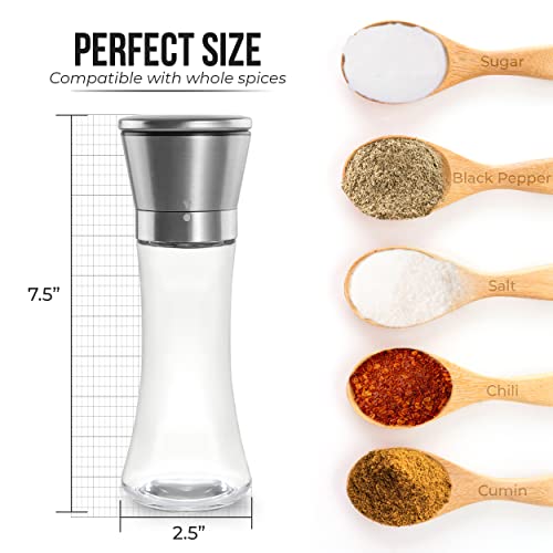 Kitchen-GO 7.5-Inch Stainless Steel Pepper Grinder - Adjustable Coarseness for Fresh Spices