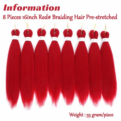 Royota Red Pre-Stretched Braiding Hair 16 Inch, 8 Packs - Easy Yaki Synthetic Extensions