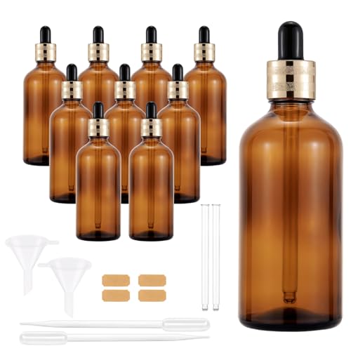 10-Pack 100ml Amber Glass Dropper Bottles with Golden Caps and Accessories