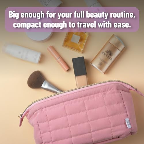 Aesthetic Quilted Makeup Bag for Women - Pink Cosmetic Pouch