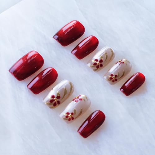 GLORS Red Floral Embroidery Cat Eye Press-On Nails NY_RedFloral Large Set