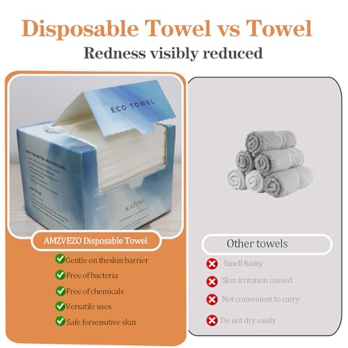 Disposable Biodegradable Face Towels - Soft Skin-Friendly Washcloths for Sensitive Skin, 50 Sheets (AMZVEZO)