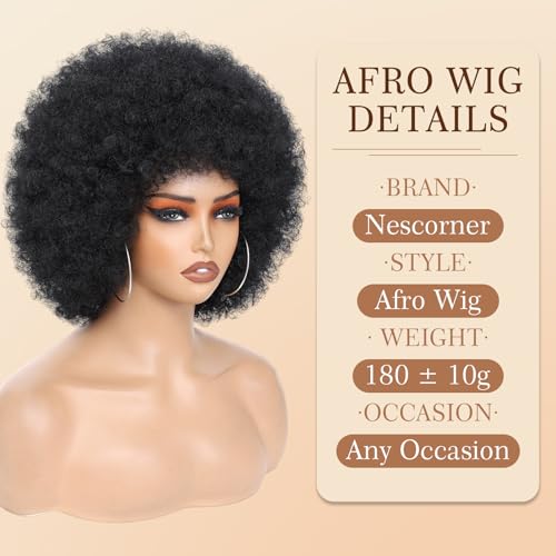 70s Afro Wig for Black Women - Kinky Curly Synthetic Hair (Black)