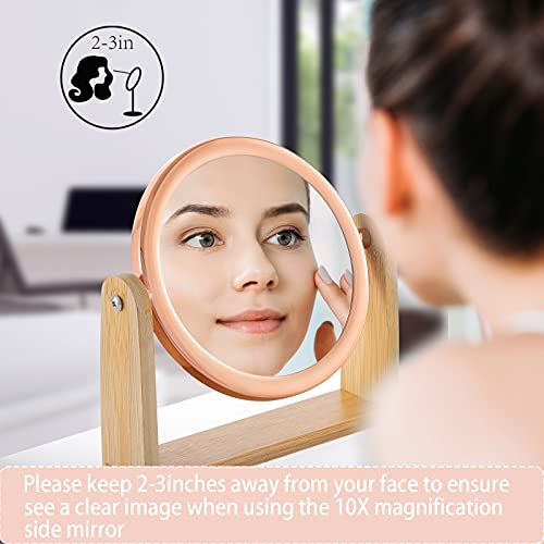 YEAKE Double Sided 10X Magnifying Makeup Mirror - Rose Gold Round, 360° Rotation