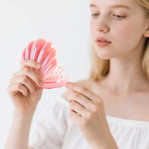 Iridescent Shell Folding Hair Brush with Mirror - Compact Travel Size