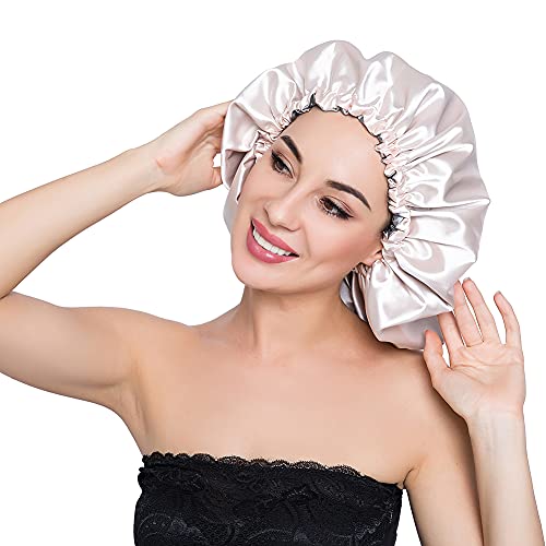 X-Large Silky Sleep Cap for Frizzy Hair - Adjustable Satin Bonnet, Reversible Champagne/Grey