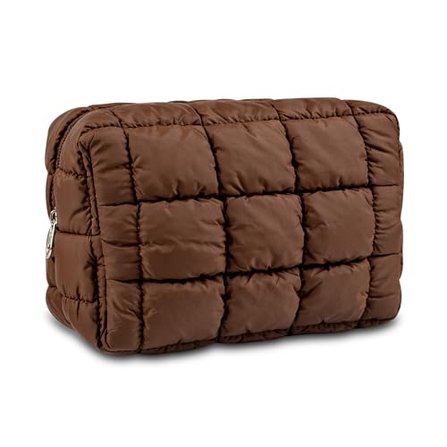 Coffee Puffy Quilted Makeup Bag - Water-Resistant Travel Organizer