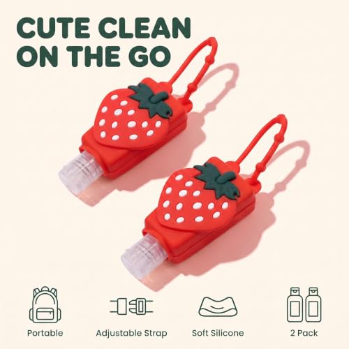 Czhotg 2-Pack Refillable Travel Hand Sanitizer Bottles with Strawberry Silicone Sleeves, Leakproof Flip Cap Keychain Holders
