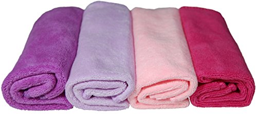 EcoSol Designs Microfiber Cleaning Towels - 4 Pack with Hanging Loops in Pink Dark, Pink Light, Purple & Lavender, 12x12 Inch