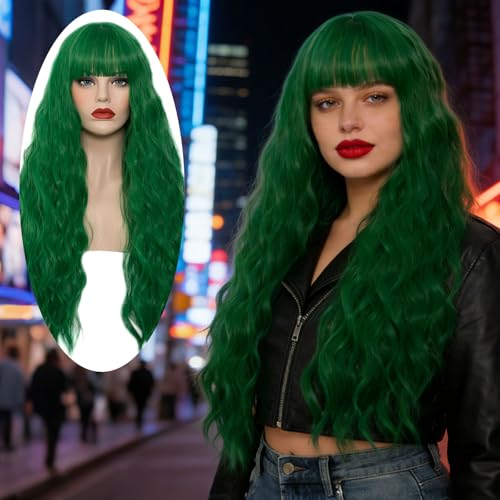 Green 27'' Curly Wig for Women - Heat-Resistant Synthetic Wig Cap Included (Variant: Green)