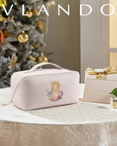 VLANDO Initial Makeup Bag with Brush Pouch - Personalized PU Leather Case