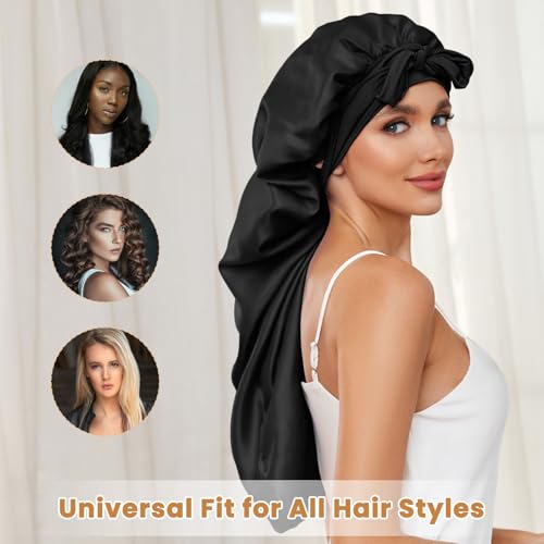 DEMAZALO Extra Large Silk Bonnet for Braids & Curly Hair - Black, Purple, Blush Pink, Leopard