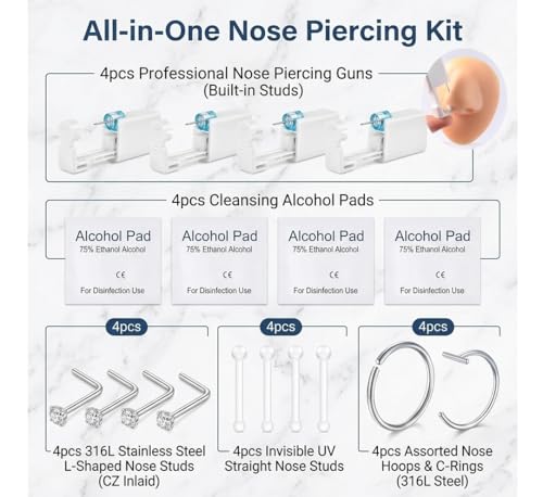 DJCIW Gold Style 20PCS Nose Piercing Kit with L-Shaped CZ Studs & Hoop Rings