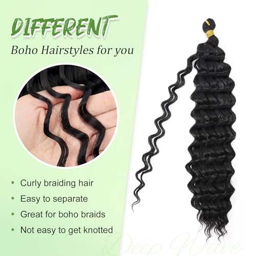 Eerya Long Curly Braiding Hair 18 Inch 2 Packs Ocean Wave Crochet Hair for Black Women Deep Wave Braiding Hair for Boho Braids (18 inch, 1B)