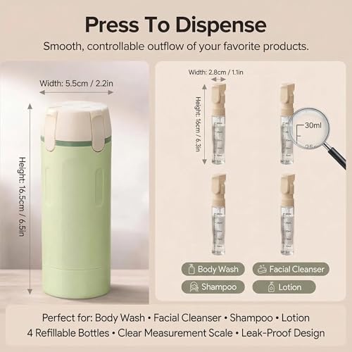 Jicsetk 4-in-1 Travel Dispenser Bottles Set - Leakproof Refillable Shampoo Conditioner Lotion Containers, 30ml, Green