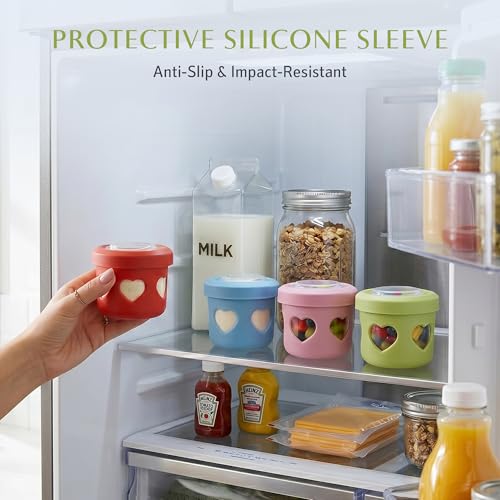 MosJos Reusable Snack Containers - 4.2 Oz Leakproof with Silicone Sleeve