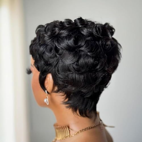 VRZ Pixie Cut Wigs for Black Women Brazilian Curly Pixie Cut Wig Human Hair Glueless Short Layered Wigs With Bangs Natural Black Color No Glue Human Hair Wig for Daily Use