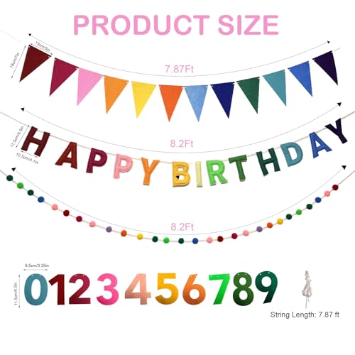Happy Birthday Banner Set - Rainbow Felt Decorations for Parties