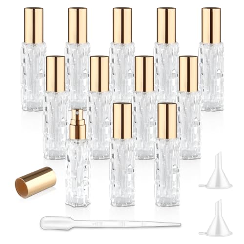 12Pcs 10ml Refillable Glass Spray Bottles with Gold Lid - Travel Atomizer