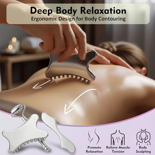 Vornelatrix 3-in-1 Stainless Steel Face Roller & Gua Sha Sculpting Set