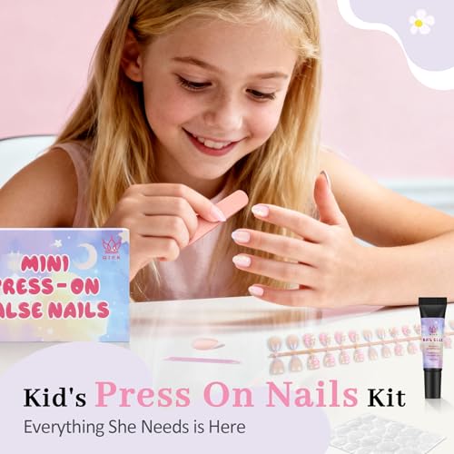 QIEK Kids Press On Nails French Purple Flower - 16 Sizes, Safe & Non-Toxic