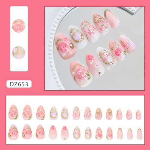 24Pcs Pink Almond Press On Nails with 3D Flower Design