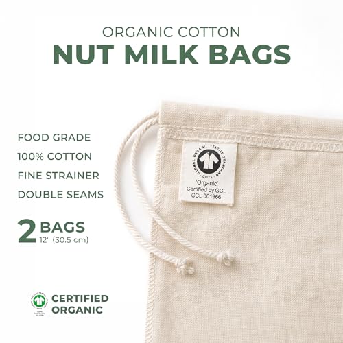 Nut Milk Bags - 2 Pack Organic Cotton Almond Milk Filter 12"x12"