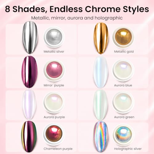 Beetles Chrome Nail Powder Set - 8 Colors Metallic & Holographic