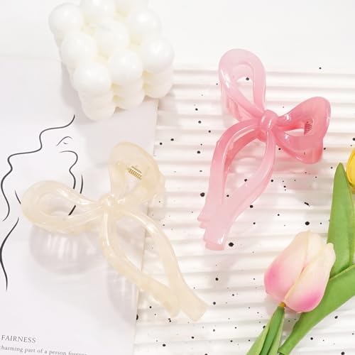Ayesha Pink Bow Claw Hair Clips for Thick Hair & Girls - Ribbon Coquette Style