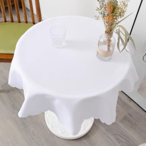 36" White Water-Resistant Polyester Round Tablecloth with Scalloped Edges