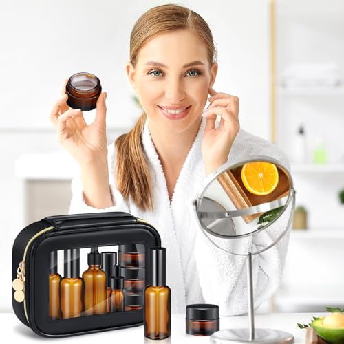 Jingmore 13-Piece Glass Travel Skincare Container Set with Toiletry Bag
