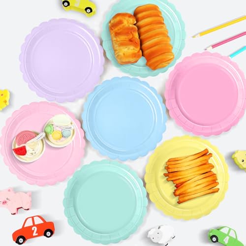 72 Pcs Pastel Scalloped Paper Plates - 7 Inch Disposable Rainbow Party Tableware