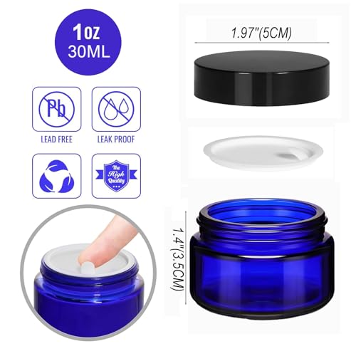 24 Pack 1 oz Blue Glass Cosmetic Jars with Lids - Travel Containers