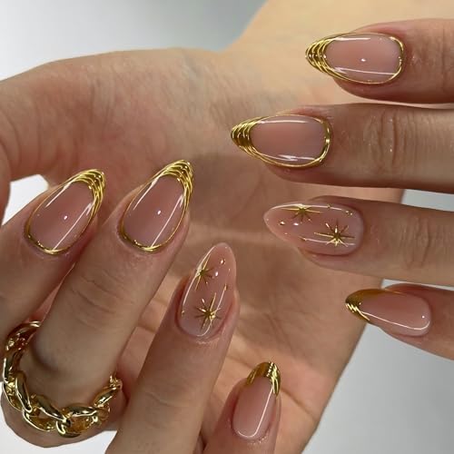 CurvLife Gilded Halo Medium Almond French Tip Press-On Nails with Soft Gel Finish