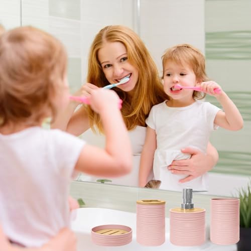 Pink Bamboo Bathroom Accessory Set - 4 Pieces Includes Soap Dispenser, Toothbrush Holder, Soap Dish, Cup