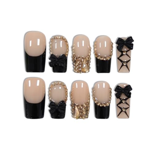 Medium Long Coffin Press on Nails Black French Gold Bow(M)