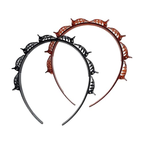 2 Pcs Double Bangs Hairstyle Headbands with Clips - Black & Brown