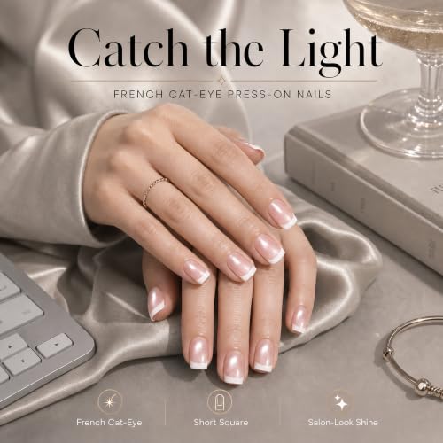 Beetles French Tip Press On Nails Short Square Pink Cat Eye Kit - 01 Glassy Blush French