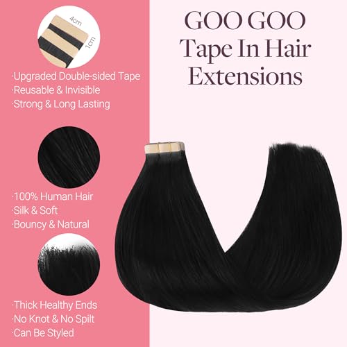 14-Inch GOO GOO Tape-in Hair Extensions 10pcs #1 Jet Black Remy Human Hair