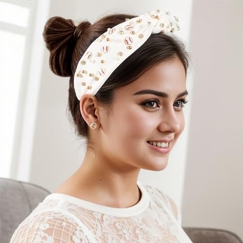 White Baseball Headband for Women - Pearl & Crystal Knotted Design