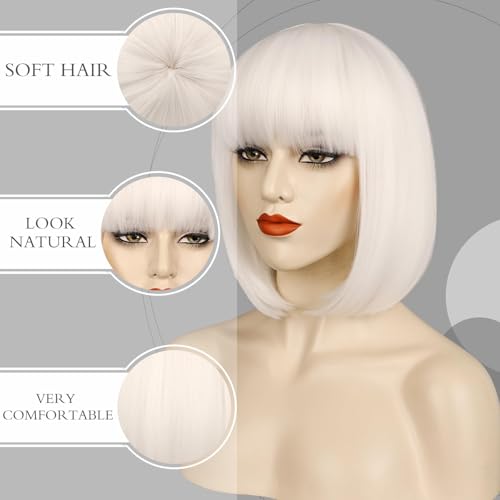 12 Inch White Synthetic Bob Wig with Bangs for Women, Short Straight Hair for Halloween & Parties