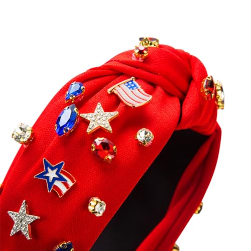 4th of July Headbands for Women - 2 Pcs Red & Blue Rhinestone USA Flag Hair Hoops